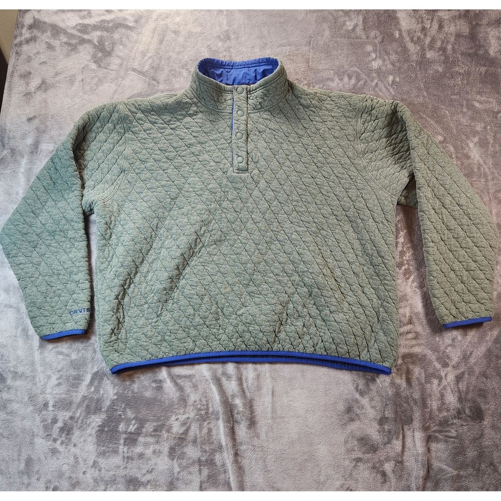 Orvis Sweatshirt Mens 2XL Green Quilted Mock Neck Snap Pullover Insulated Knit
